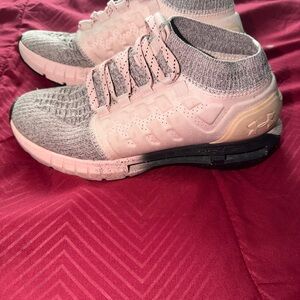 Under Armour Women's Pink and Gray Knit Sock-Style Running Sneakers